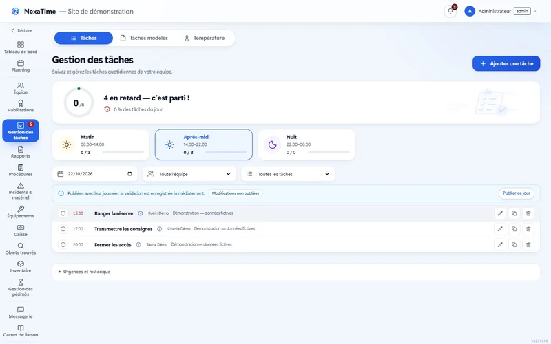 Capture réelle de NexaTime : Tâches, données fictives de démonstration